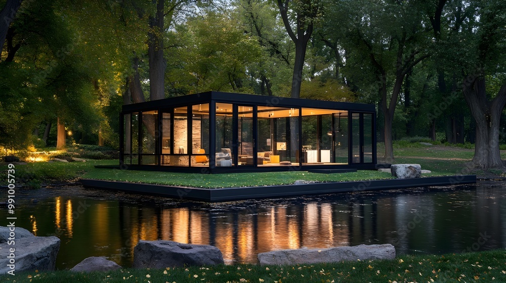 Modern glass house by the lake surrounded by trees during twilight. Modern glass house by the lake surrounded by trees during twilight.