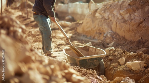 Wallpaper Mural A construction worker pushes a wheelbarrow in a sunlit, dusty trench, highlighting the grit and labor of building infrastructure. Torontodigital.ca