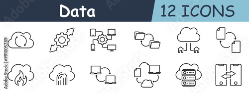 Data set icon. Cloud storage, synchronization, cloud sharing, folder transfer, remote access, document exchange, backup, fire protection, fingerprint security, data exchange, server management.