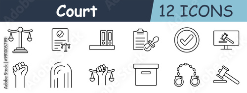 Court set icon. Scales of justice, briefcase, sheriff badge, courthouse, balance, scroll with scales, legal folder, magnifying glass, checklist with gavel, chain, sword, head with scales.