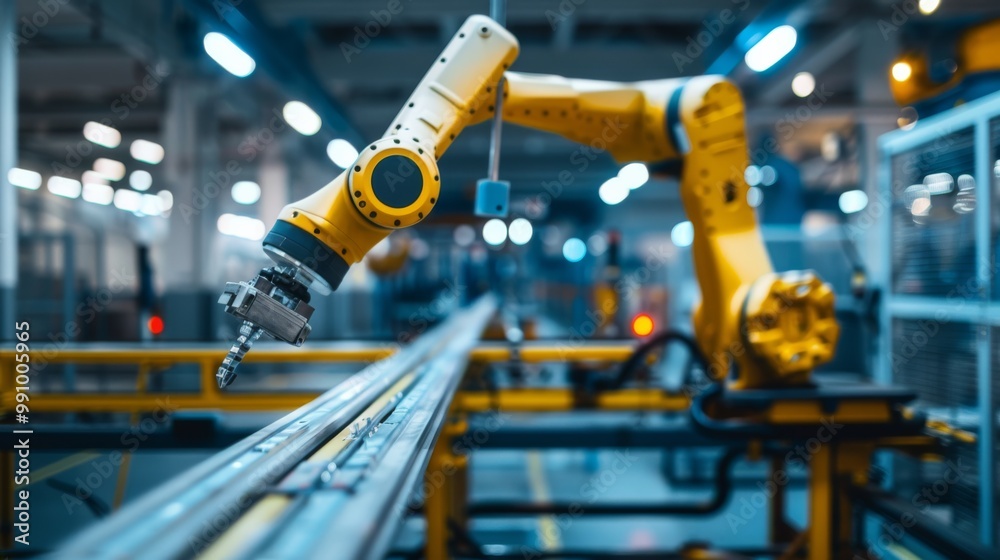 Naklejka premium A robotic arm precisely operates in a modern, brightly lit manufacturing facility, showcasing the advancement of automation and technology in production processes.