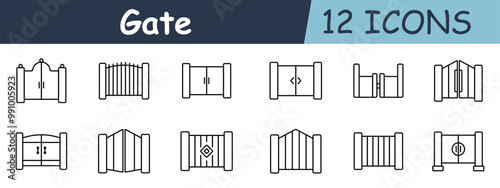 Gate set icon. Wooden gates, double doors, farm gate, decorative gate, security gate, traditional entrance. Entryways, fences, and security purposes