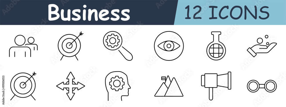 Business set icon. People, target, gear, magnifier, vision, flask, hand, arrow, head, mountain, speaker, binoculars, goal, strategy, research. Business set icon. People, target, gear, magnifier, vision, flask, hand, arrow, head, mountain, speaker, binoculars, goal, strategy, research.
