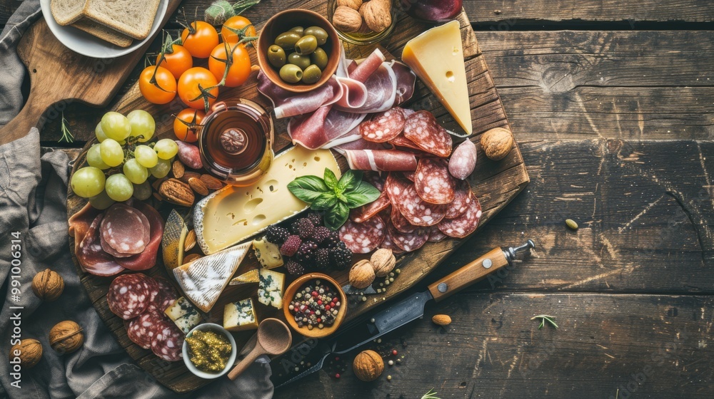 A varied and colorful charcuterie board set on a rustic wooden table, filled with meats, cheeses, fruits, and nuts, ready to be enjoyed. A varied and colorful charcuterie board set on a rustic wooden table, filled with meats, cheeses, fruits, and nuts, ready to be enjoyed.