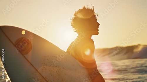 Silhouette of a surfer holding a board against a setting sun, casting a golden glow over the ocean waves. photo