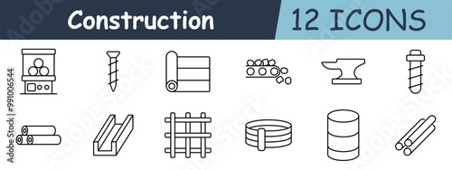 Construction set icon. Tape measure, house, hand, grid, blueprint, wall, foundation, tool, machine, mixer, gears, equipment.