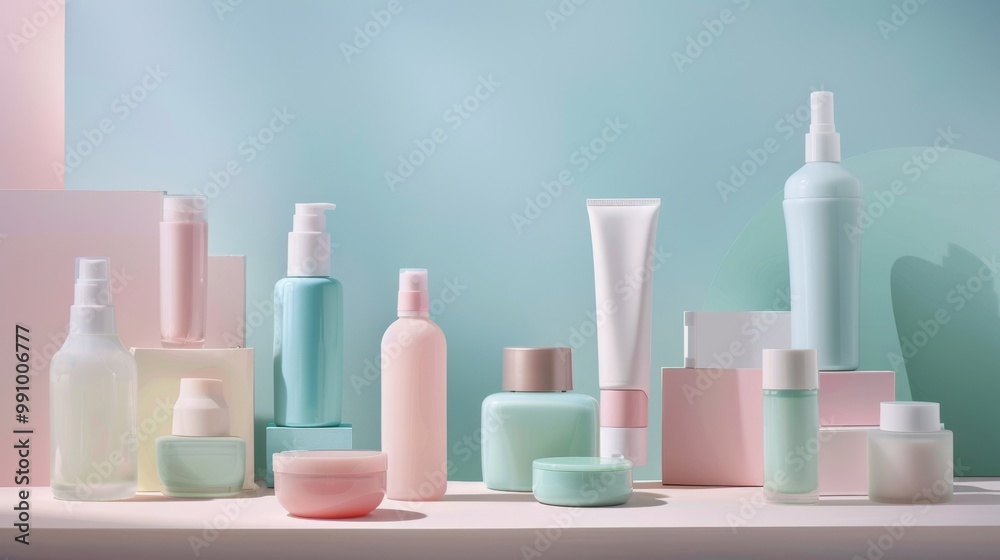 An artfully arranged collection of pastel-colored skincare products on a minimalist backdrop, evoking a sense of elegance and beauty. An artfully arranged collection of pastel-colored skincare products on a minimalist backdrop, evoking a sense of elegance and beauty.