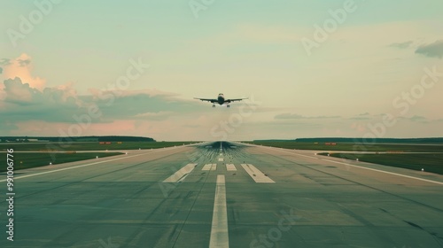 An airplane gracefully lands on a seemingly endless runway at dusk, framed by a serene, pastel-colored sky that hints at a peaceful sunset.