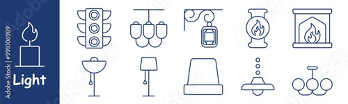 Light set icon. Candle, traffic light, chandelier, hanging lamp, fireplace, floor lamp, table lamp, ceiling lamp, pendant light, candelabra