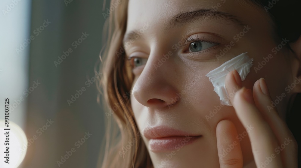 Close-up of a woman's serene face as she applies moisturizer to her smooth skin, emphasizing natural beauty and skincare routine. Close-up of a woman's serene face as she applies moisturizer to her smooth skin, emphasizing natural beauty and skincare routine.