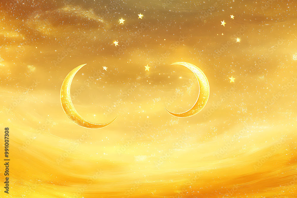 Eid background with crescent moons and stars in gold against a deep blue sky Eid background with crescent moons and stars in gold against a deep blue sky
