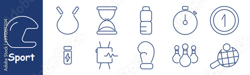 Sport set icon. Helmet, punching bag, timer, water bottle, stopwatch, first place, energy drink, boxing glove, bowling pins, ping pong racket, sports equipment, timing, fitness, hydration