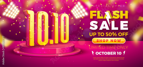 10 October Shopping Day Flash Sale Design with 3d 10.10 Number, Light Bulb Billboard and Stage Podium on Red Background. Vector Special Offer 50 Percent Off Campaign Discount Illustration for Coupon