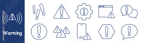 Warning set icon. Exclamation marks, warning triangle, gear with alert, browser warning, mobile alert, speech bubbles, caution, danger, error, system alert, configuration warning, notification