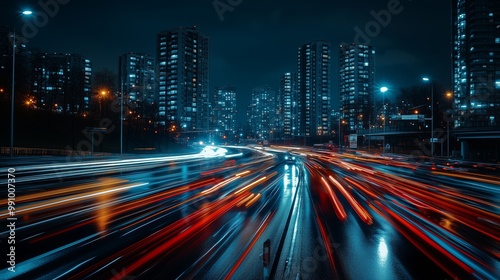 The city's streets at night, with long exposure lights creating streaks of light on the road and buildings in the background