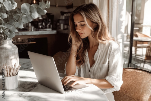 A woman in white blouse working on a laptop in a cozy cafe with elegant decor and natural light coming through windows. photo