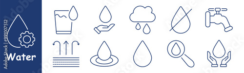 Water set icon. Water drop, glass, hand holding drop, cloud rain, no water symbol, faucet, filtration, research, hands, conservation, liquid resource, rainwater collection