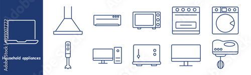 Household appliances set icon. Microwave, stove, oven, washing machine, air extractor, computer monitor, blender, kitchen devices, home electronics, cooking tools, modern appliances