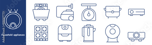 Household appliances set icon. Washing machine, vacuum cleaner, kitchen scale, rice cooker, stove, projector, air purifier, coffee maker, blender, household devices, cleaning, cooking