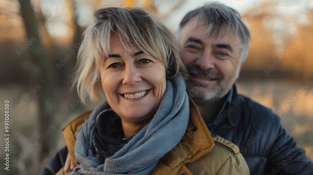Portrait close up head shot of one cheerful smiling middle age woman walking with her husband enjoying free time and nature. generative ai. Portrait close up head shot of one cheerful smiling middle age woman walking with her husband enjoying free time and nature. generative ai.