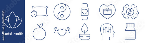 Mental health set icon. Pillow, yin-yang, smartwatch with heart, healthy eating, mental balance, apple, fitness, brain, emotional wellness, therapy, health management, mindfulness, medication