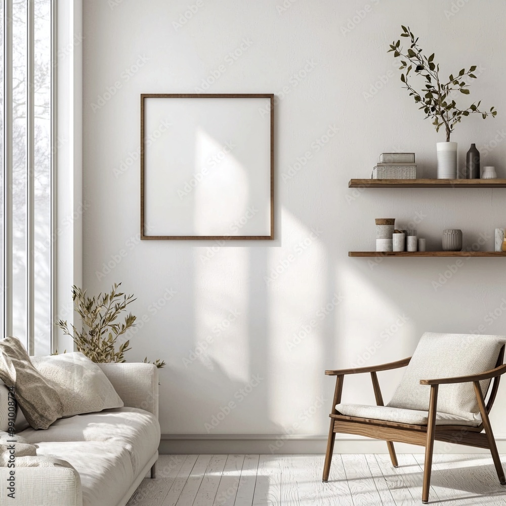 A Scandinavian interior photo of a living room with white walls and an armchair hanging from an art frame. Generative AI
A Scandinavian interior photo of a living room with white walls and an armchair hanging from an art frame. Generative AI