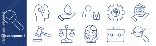Development set icon. Sustainable growth, eco-friendly mindset, secure data, legal balance, global responsibility, financial support, justice, innovation, progress, environmental care, business