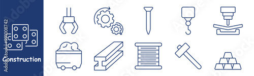Construction set icon. Crane, gears, nail, hook, steel beams, hammer, metal sheet, materials, mining cart, assembly, manufacturing process, building materials, heavy equipment, construction tools