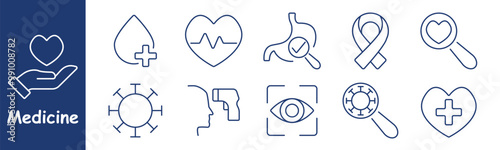 Medicine set icon. Heart health, blood donation, cancer awareness, stomach check, virus, eye exam, thermometer, health care, pulse, medical examination, wellness, health services.