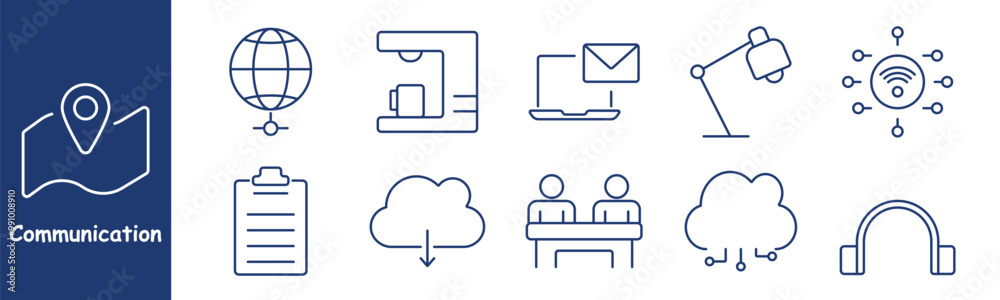 Obraz premium Communication set icon. Globe, printer, cloud, email, desk lamp, network, clipboard, teamwork, cloud services, headphones, wireless signal, technology, collaboration