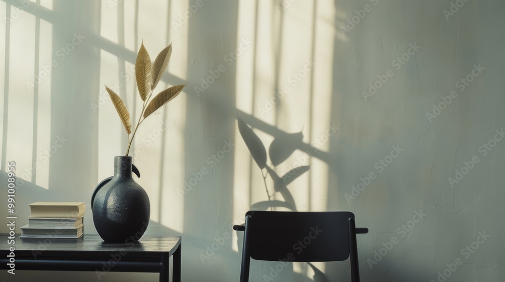 A shadow-filled room featuring a single chair and a dark vase with golden leaves, evoking a serene, contemplative atmosphere with a touch of elegance. A shadow-filled room featuring a single chair and a dark vase with golden leaves, evoking a serene, contemplative atmosphere with a touch of elegance.