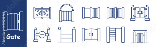 Gate set icon. Wooden, metal, sliding, double-door, security, entryway, fence, barrier, decorative, arch gate, entrance, boundary, security gate, home access, property division