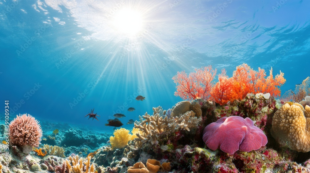 Fototapeta premium Vibrant Underwater Coral Reef with Sunlight