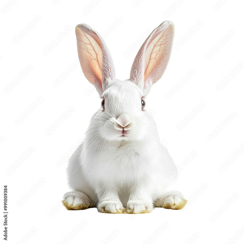 Fototapeta premium White rabbit with alert ears, soft fur and curious expression, sitting serenely against a clean white background, embodying innocence and charm of nature.
