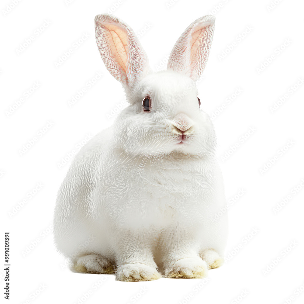 Fluffy white rabbit with long ears and bright eyes sits calmly against a plain background, embodying innocence and charm in its soft fur and gentle demeanor. Fluffy white rabbit with long ears and bright eyes sits calmly against a plain background, embodying innocence and charm in its soft fur and gentle demeanor.