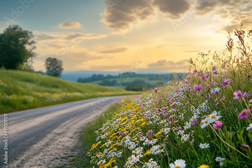 background with a picturesque rural road lined with blooming wildflowers, featuring rolling meadows and a calm, peaceful setting