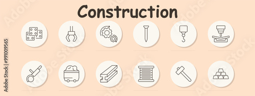 Construction set icon. Bracket, crane hook, gears, nail, pulley, bending machine, conveyor belt, steel rod, roll of fabric, hammer, gold bar, processing