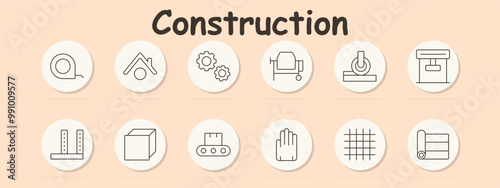 Construction set icon. Measuring tape, roof, gears, cement mixer, roller press, frame support, block, conveyor, hand, grid structure, roll, materials