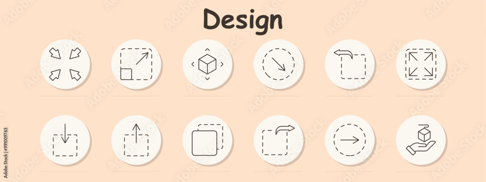 Design set icon. Arrows, dotted box, arrow circle, holding cube, expanding arrows, resizing, rotate, moving cube Design set icon. Arrows, dotted box, arrow circle, holding cube, expanding arrows, resizing, rotate, moving cube