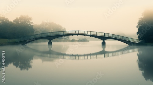 A serene bridge arches over a calm misty lake, reflecting perfectly in the tranquil water, enveloped by lush greenery on a foggy morning. photo