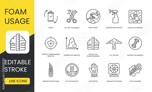 Instructions for using polyurethane foam, vector line icon set with editable stroke, Clean the surface and moisten with water, apply foam cut and off the nozzle, shake and secure the elements