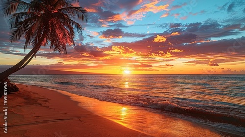 A breathtakingly beautiful sunset seaside scenery. The sky is ablaze with warm hues of orange, pink, and purple as the sun dips below the horizon. The waves gently lap at the shore, creating a soothin photo