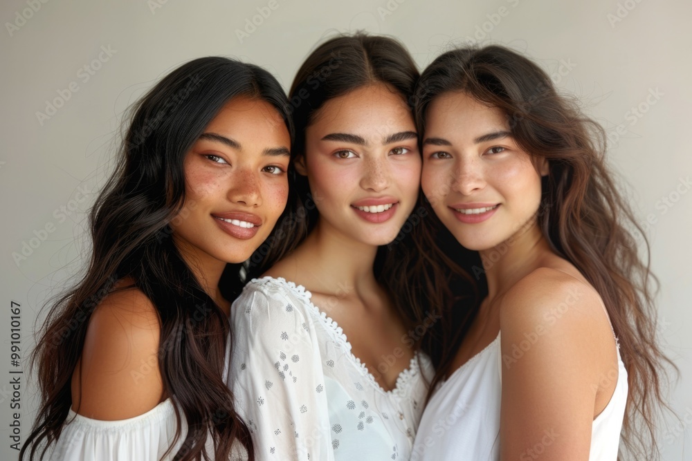 Happy Women Beautiful Skin. Portrait of Three Gorgeous Multiracial Women Standing Together and Smiling Happy Women Beautiful Skin. Portrait of Three Gorgeous Multiracial Women Standing Together and Smiling