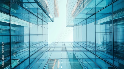 A low-angle view of sleek glass buildings reaching towards the sky  showcasing their modern  minimalist architecture against a backdrop of soft blue.