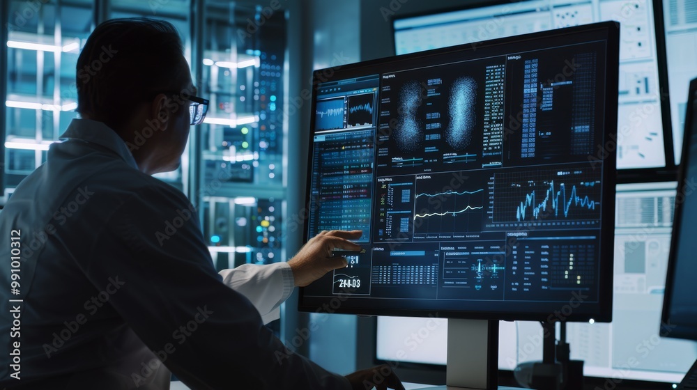 A scientist in a state-of-the-art lab examines sophisticated data on a digital screen, focusing on detailed and intricate information for research purposes. A scientist in a state-of-the-art lab examines sophisticated data on a digital screen, focusing on detailed and intricate information for research purposes.