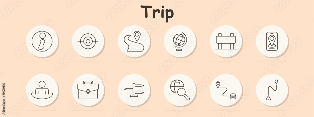 Trip set icon. House, compass, route, location, navigation, satellite, coordinates, travel, map marker, home, wayfinding, journey, trip, destination, path, waypoint, satellite dish, tracking