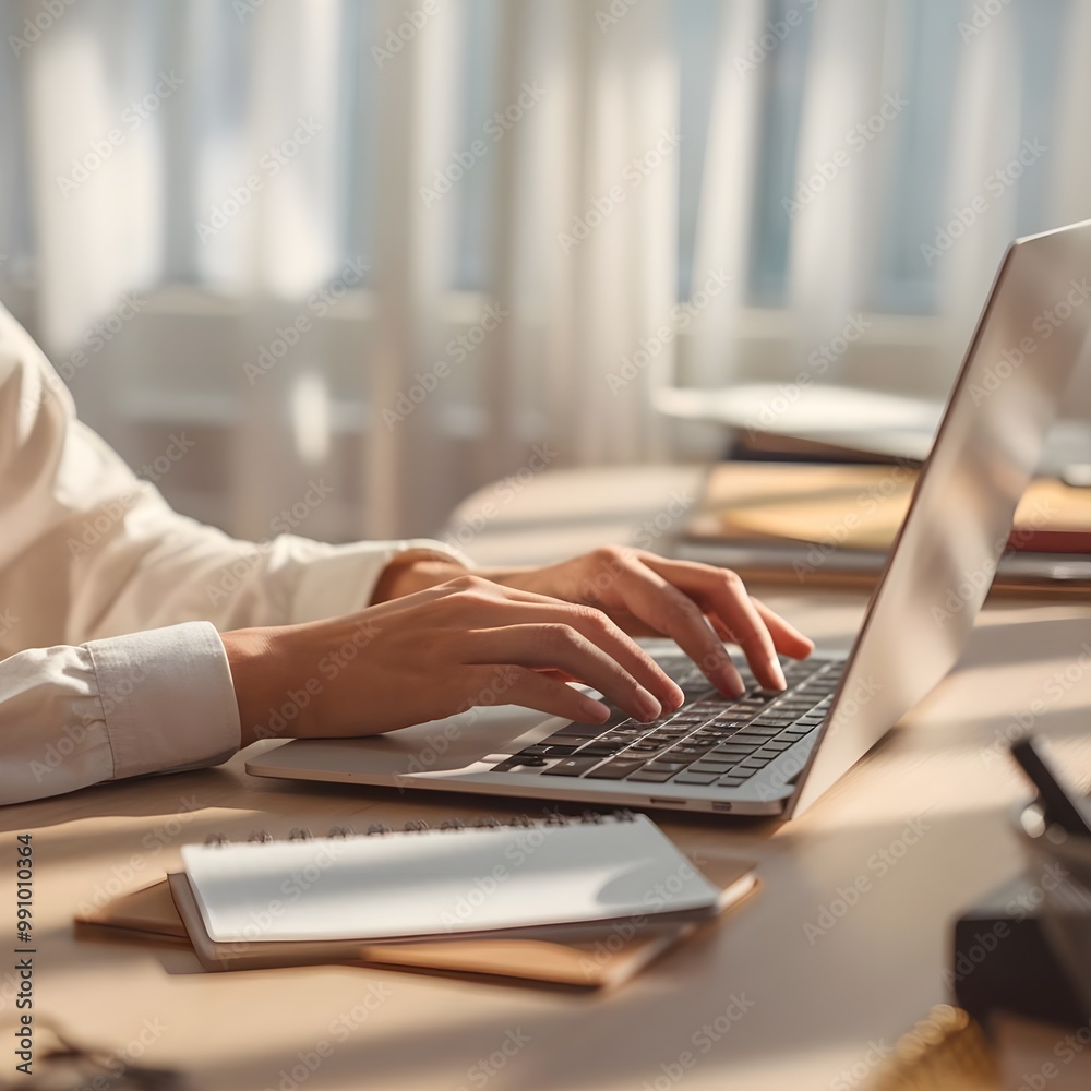 A professional businessman is typing on a contemporary laptop computer at a desk in a modern office setting