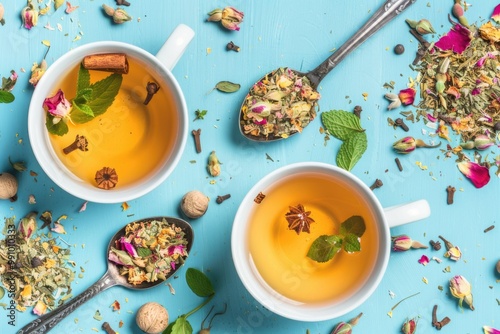 Healthy Tea. Topview Two Cups of Herbal Tea with Mint, Cinnamon, and Dried Flowers in Spoons over Blue Background