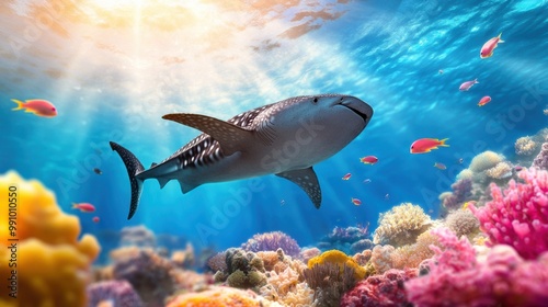 Majestic Whale Shark Swimming in Vibrant Coral Reef