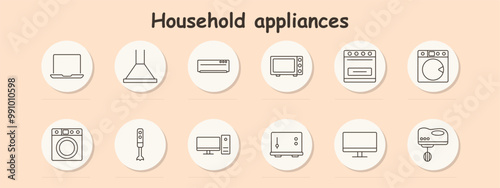 Household appliances set icon. Microwave, stove, oven, washing machine, air extractor, computer monitor, blender, kitchen devices, home electronics, cooking tools, modern appliances